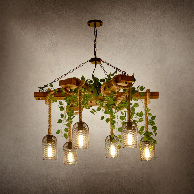 Rustic Round Iron and Wood Hemp Rope Chandelier for Dining Room Lighting