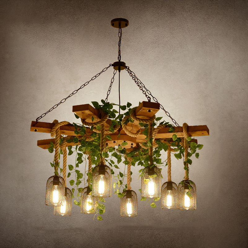Rustic Round Iron and Wood Hemp Rope Chandelier for Dining Room Lighting