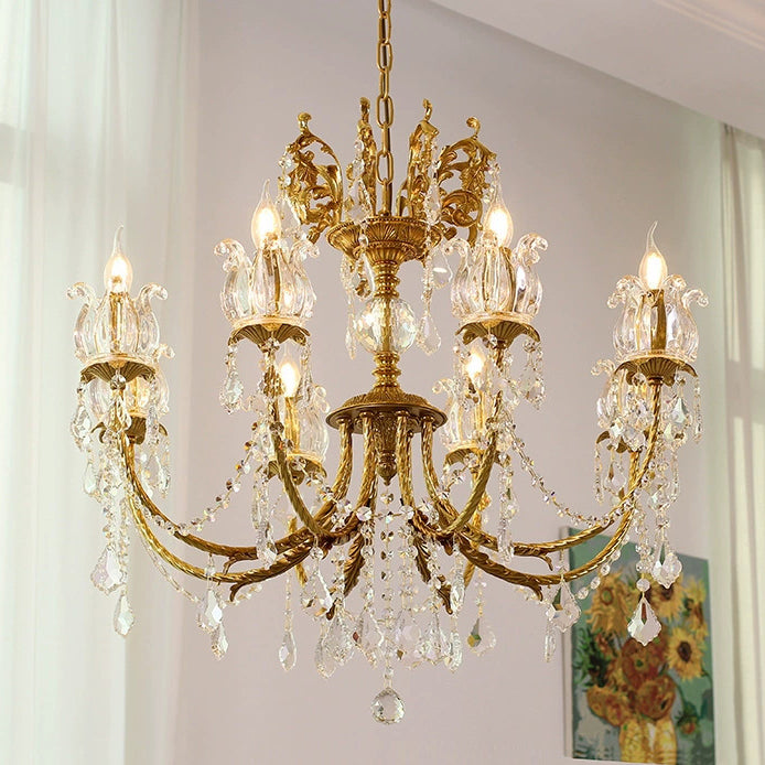 Elegant Copper and Crystal Curved 6/8 Light Chandelier for Living Room