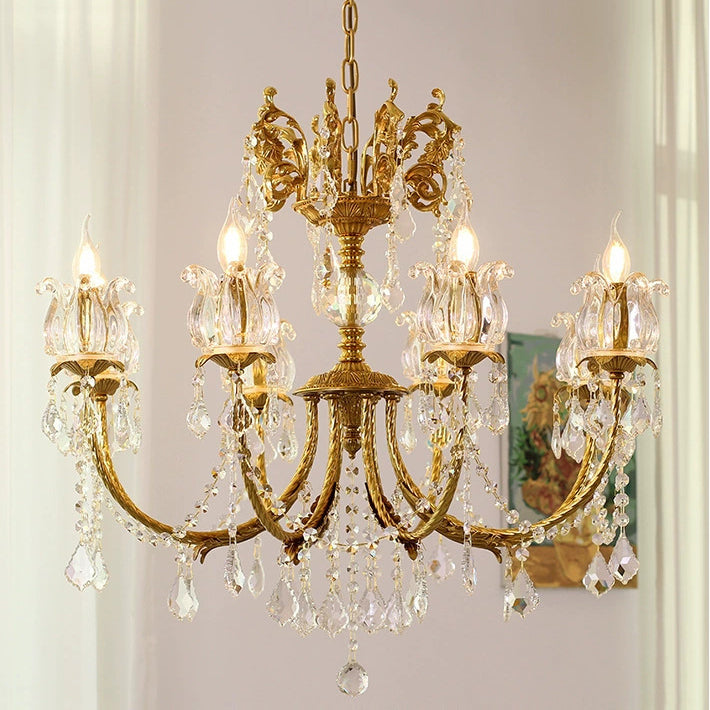 Elegant Copper and Crystal Curved 6/8 Light Chandelier for Living Room