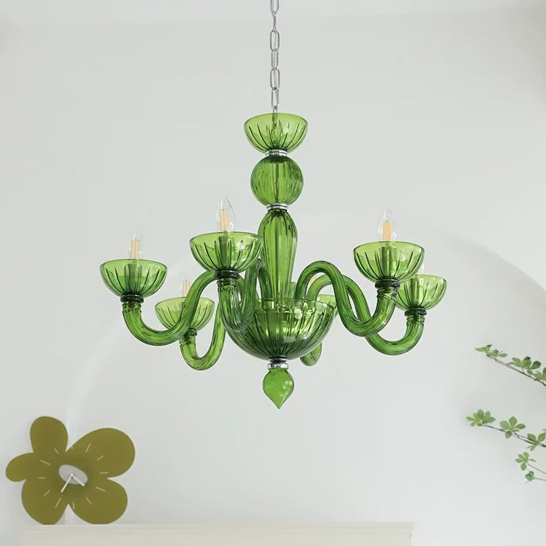 Elegant Black Round Curved Iron Glass 6-Light Chandelier for Living Room