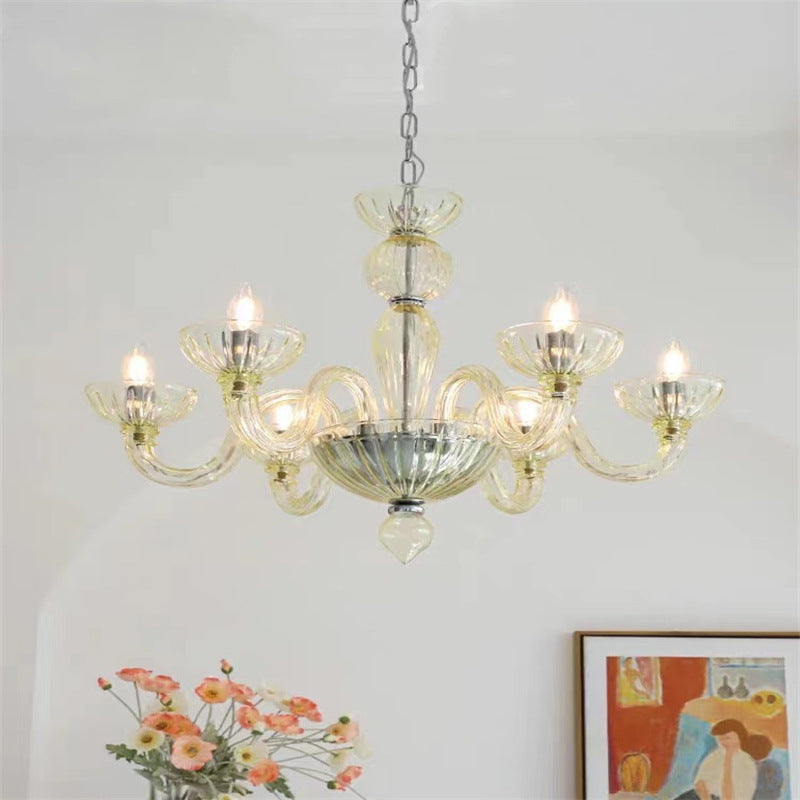 Elegant Black Round Curved Iron Glass 6-Light Chandelier for Living Room