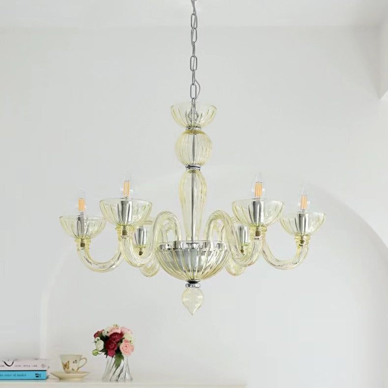 Elegant Black Round Curved Iron Glass 6-Light Chandelier for Living Room