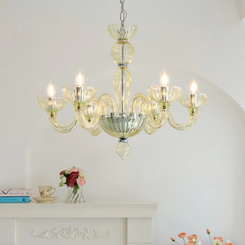Elegant Black Round Curved Iron Glass 6-Light Chandelier for Living Room