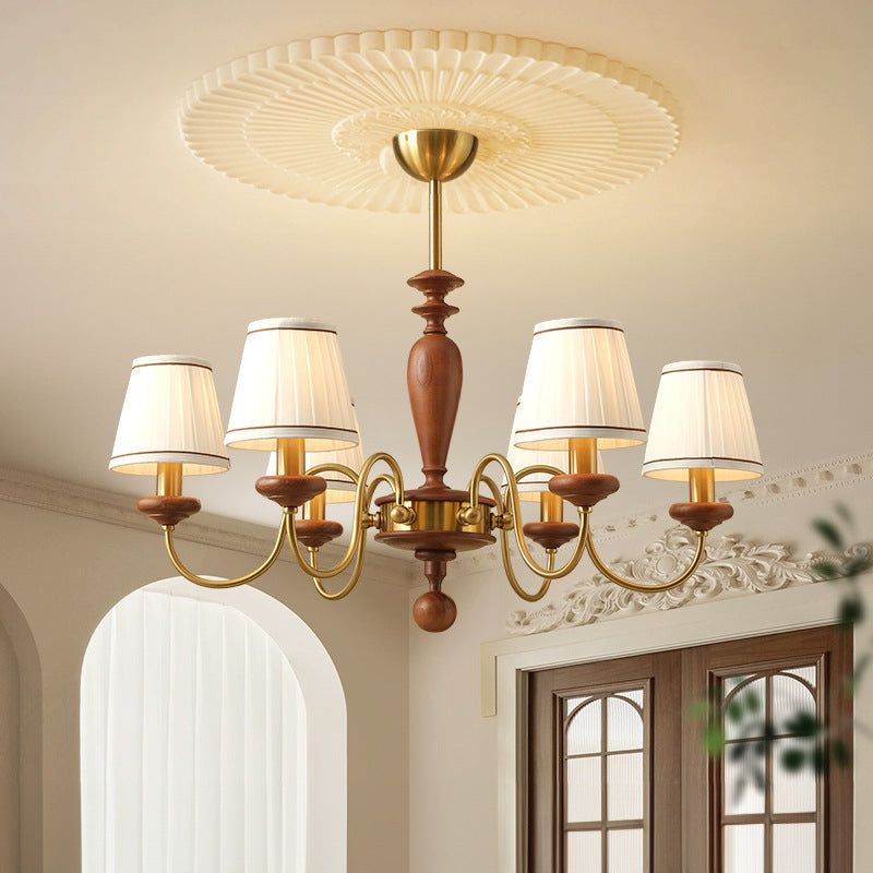 Elegant French Ash Wood & Metal 6-Light Frustum Cone Chandelier for Living Room