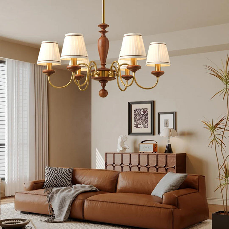 Elegant French Ash Wood & Metal 6-Light Frustum Cone Chandelier for Living Room