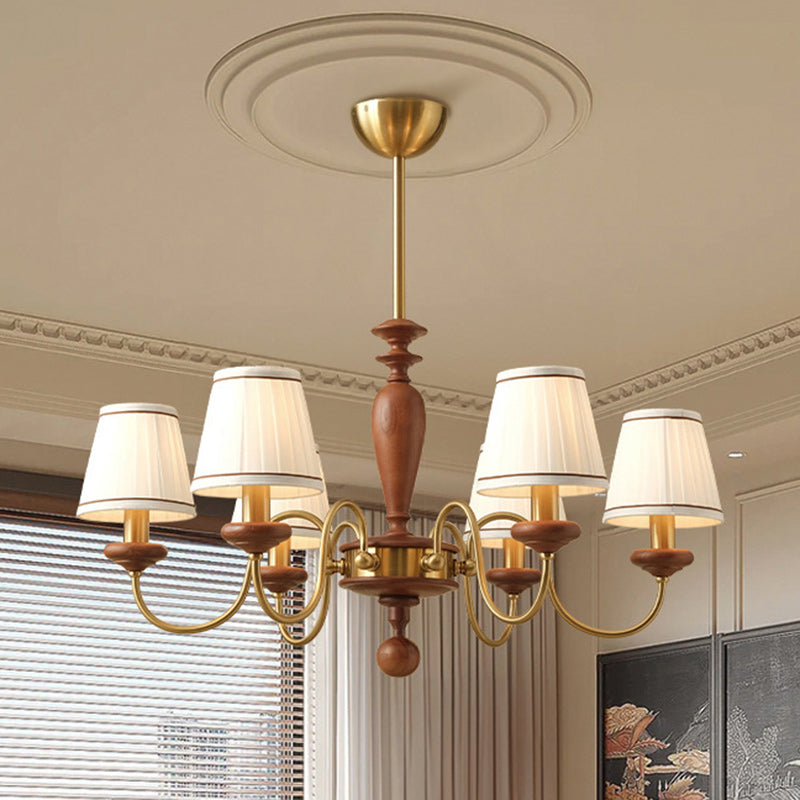 Elegant French Ash Wood & Metal 6-Light Frustum Cone Chandelier for Living Room