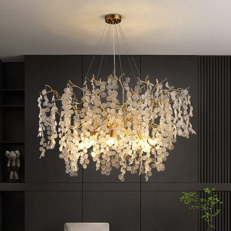 Modern Silver Aluminum Crystal Chandelier for Living Room, 9/10/12/14 Lights