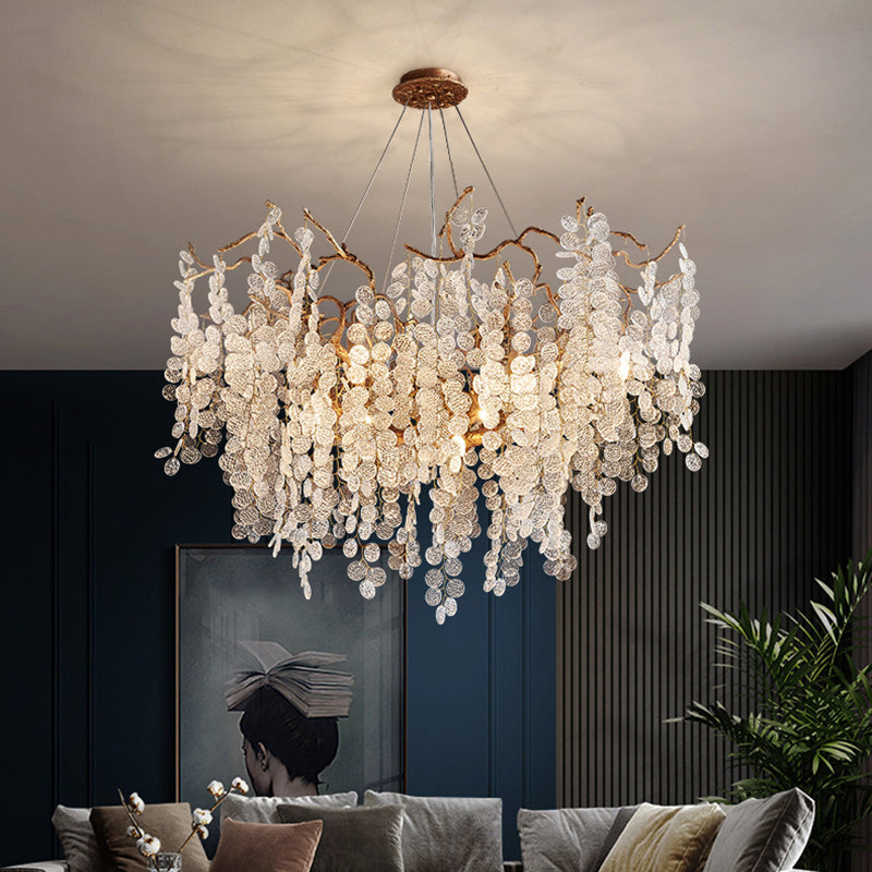 Modern Silver Aluminum Crystal Chandelier for Living Room, 9/10/12/14 Lights