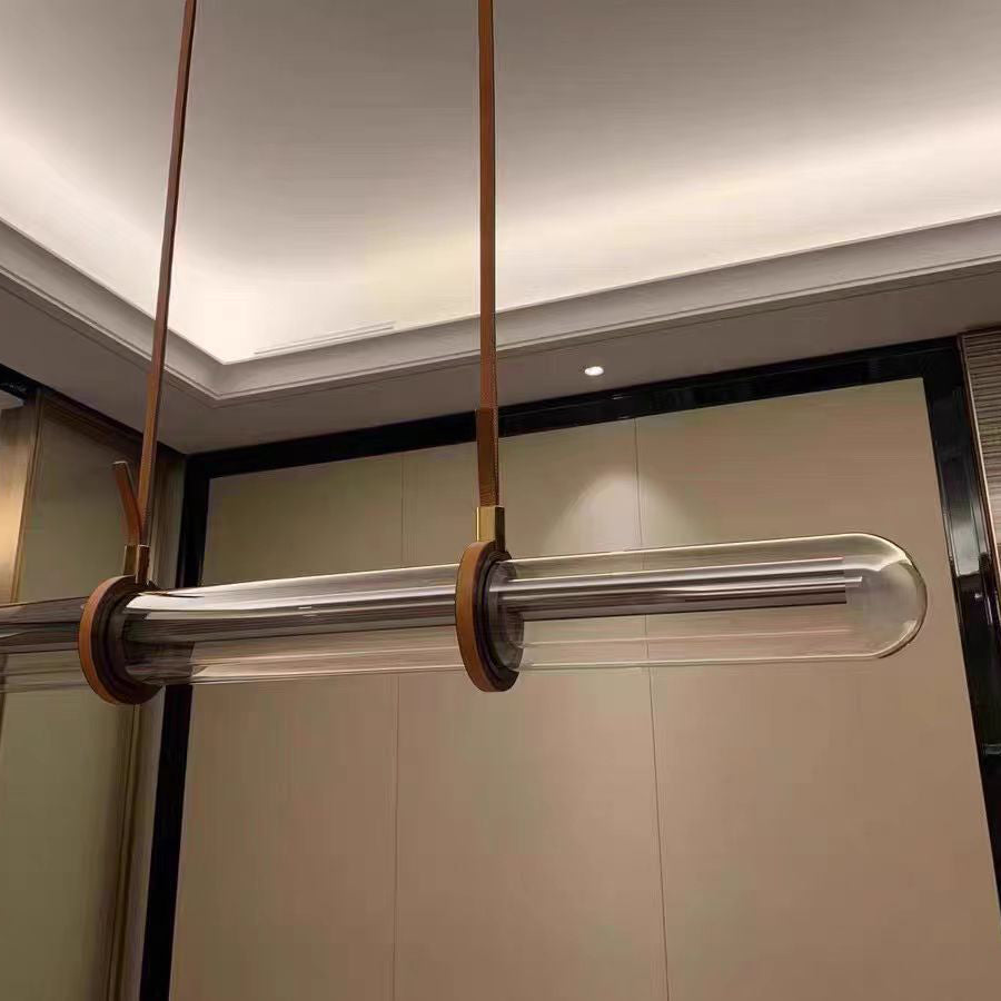 Contemporary White PU Leather LED Linear Chandelier for Dining Room