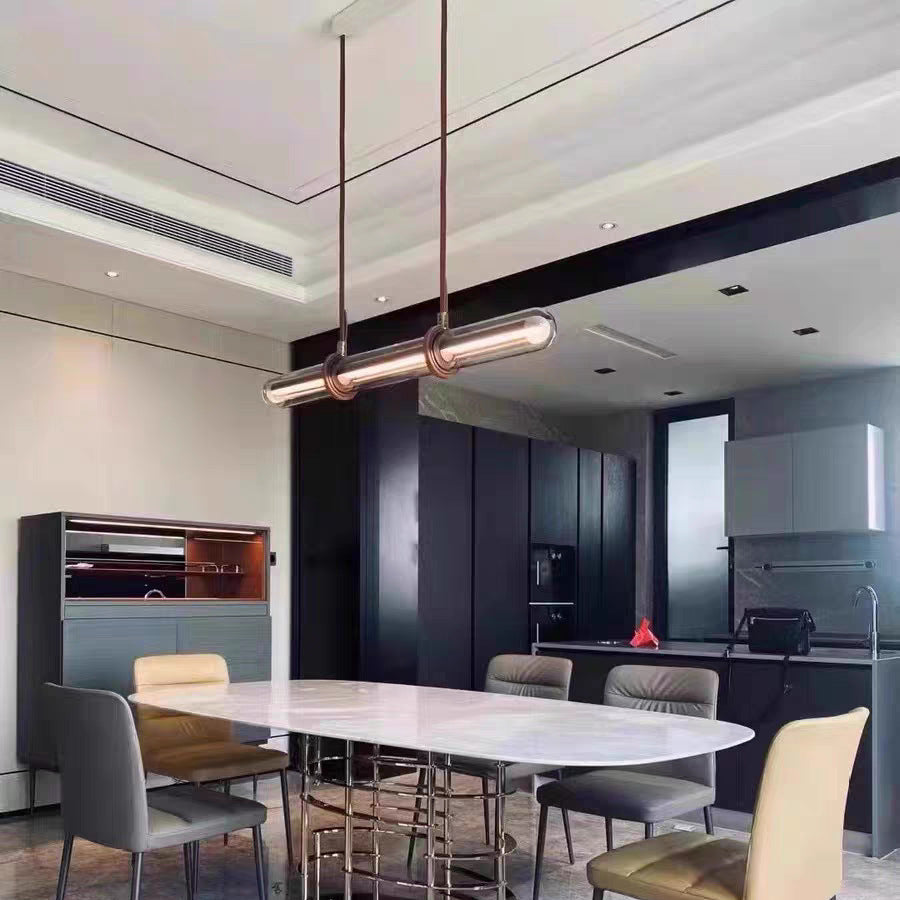 Contemporary White PU Leather LED Linear Chandelier for Dining Room