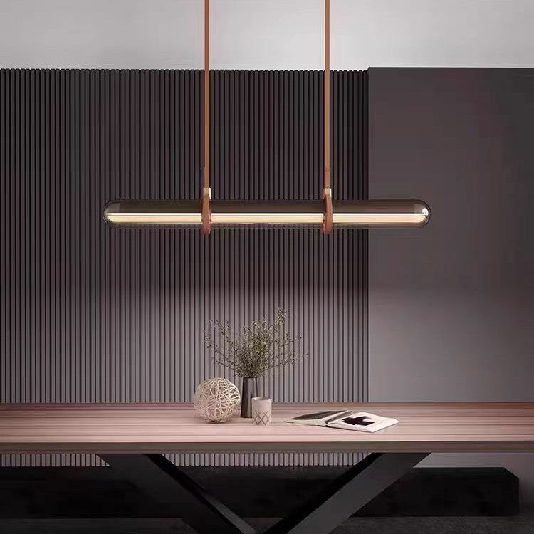 Contemporary White PU Leather LED Linear Chandelier for Dining Room