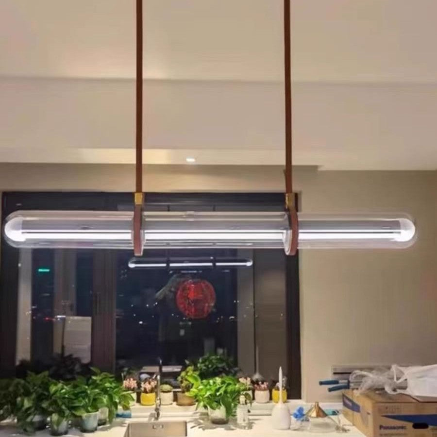 Contemporary White PU Leather LED Linear Chandelier for Dining Room