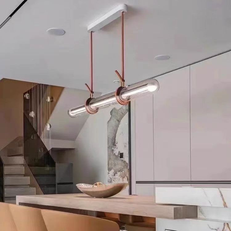 Contemporary White PU Leather LED Linear Chandelier for Dining Room