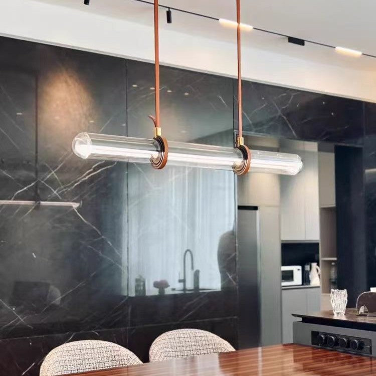 Contemporary White PU Leather LED Linear Chandelier for Dining Room