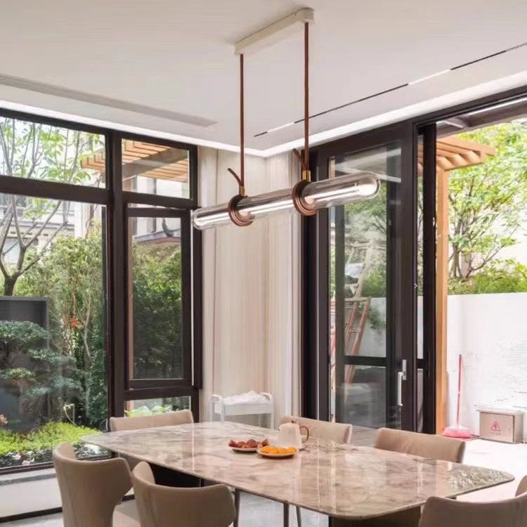 Contemporary White PU Leather LED Linear Chandelier for Dining Room