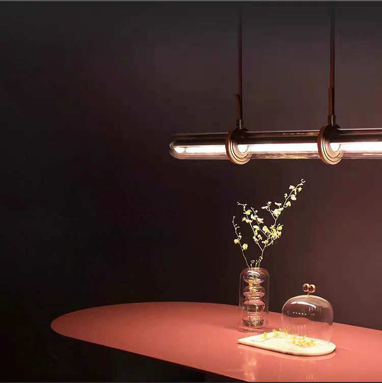 Contemporary White PU Leather LED Linear Chandelier for Dining Room