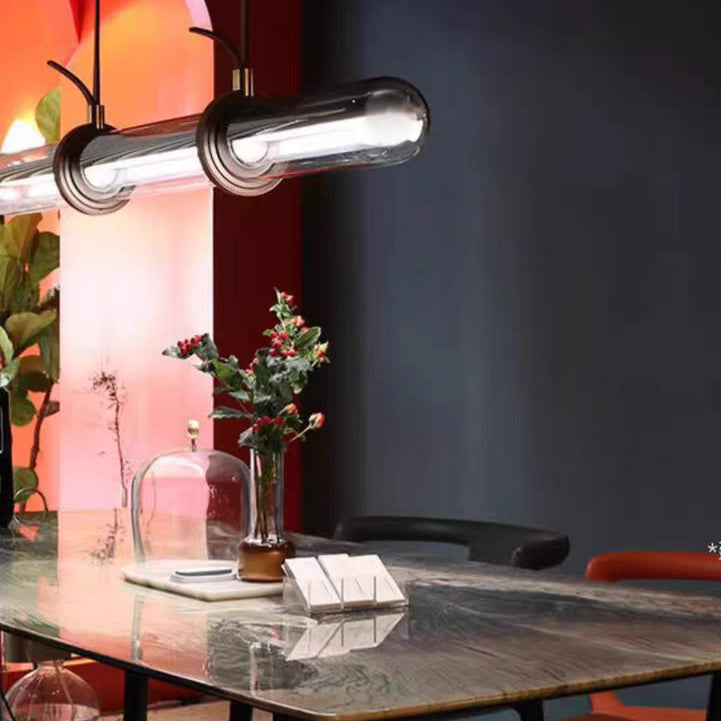 Contemporary White PU Leather LED Linear Chandelier for Dining Room