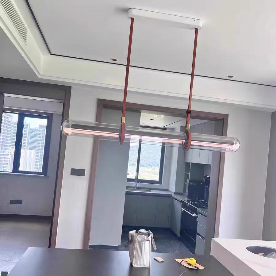 Contemporary White PU Leather LED Linear Chandelier for Dining Room