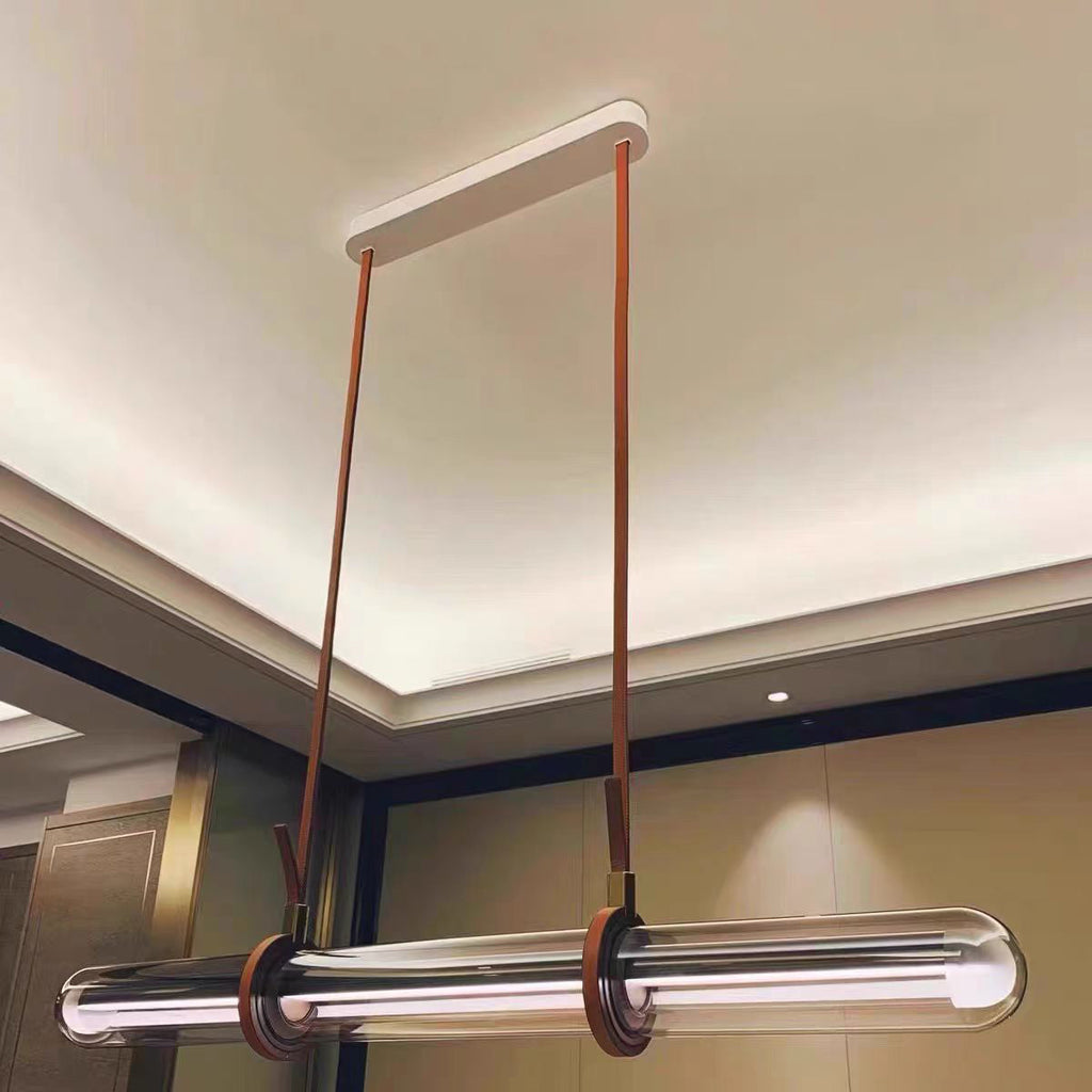 Contemporary White PU Leather LED Linear Chandelier for Dining Room