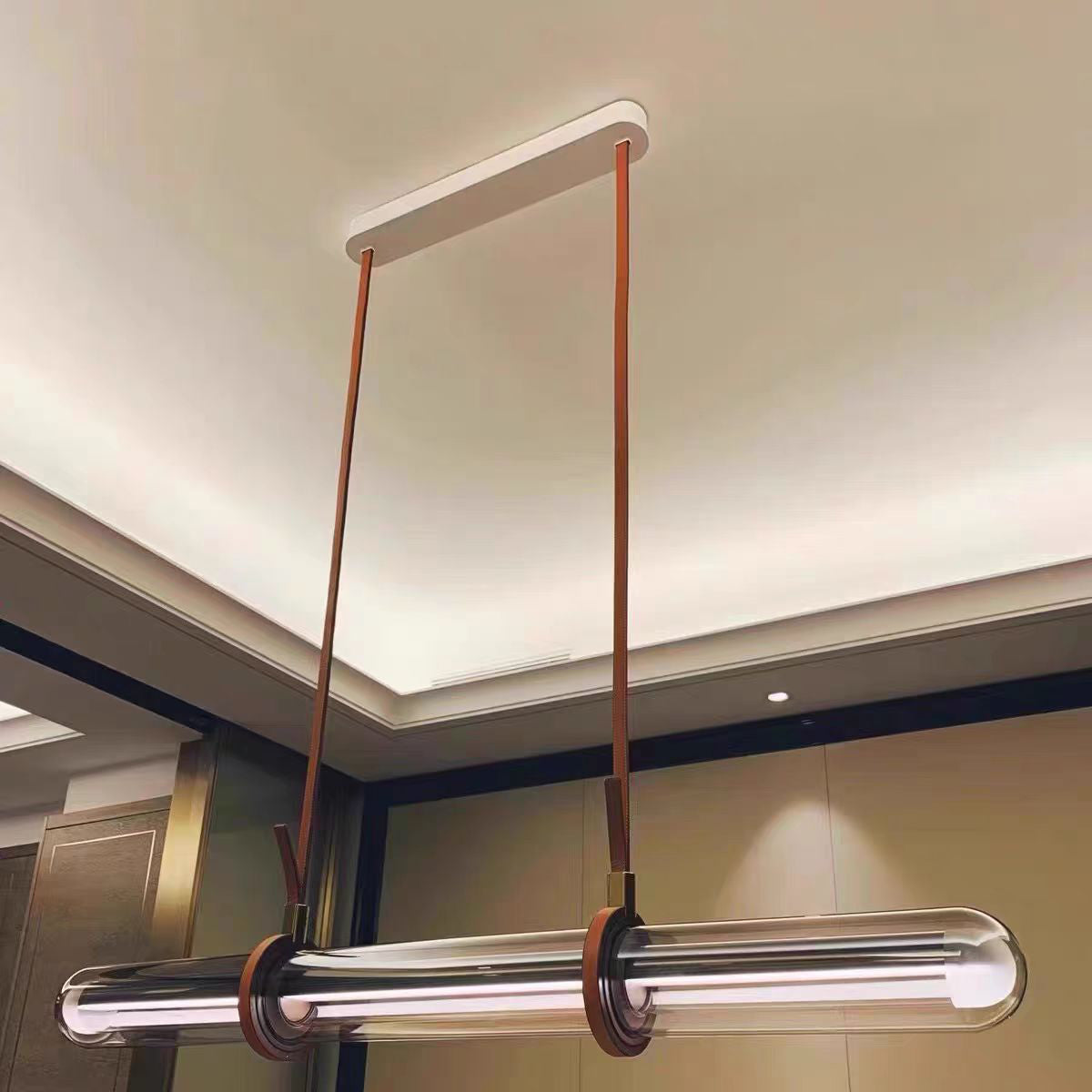 Contemporary White PU Leather LED Linear Chandelier for Dining Room
