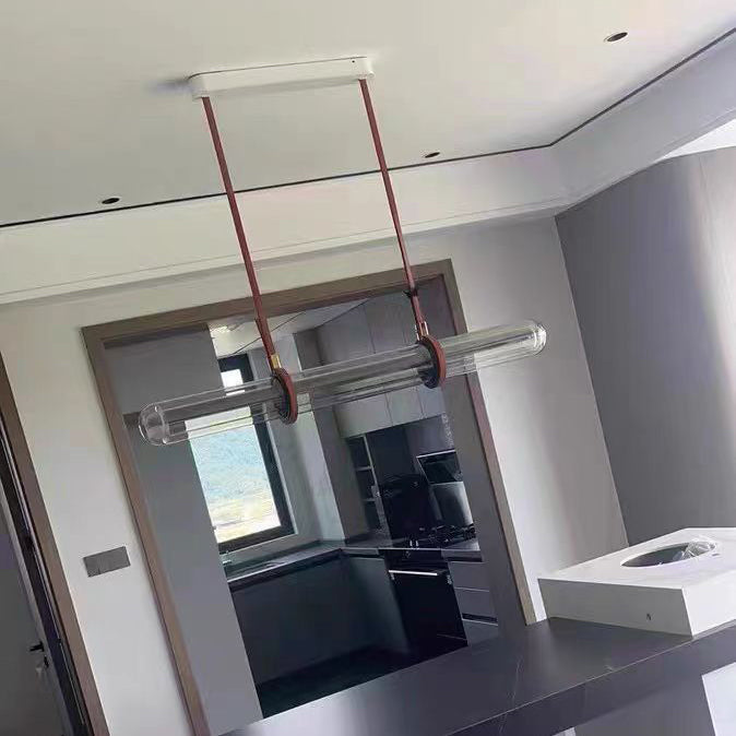 Contemporary White PU Leather LED Linear Chandelier for Dining Room