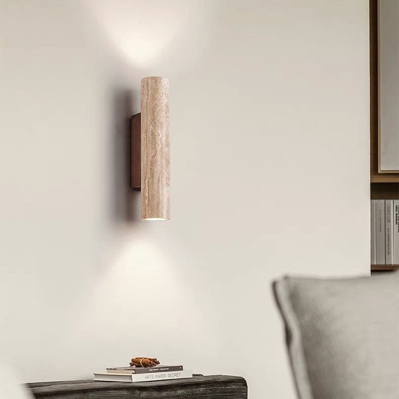 Scandinavian Yellow Travertine & Wood 2-Light Wall Sconce for Living Room