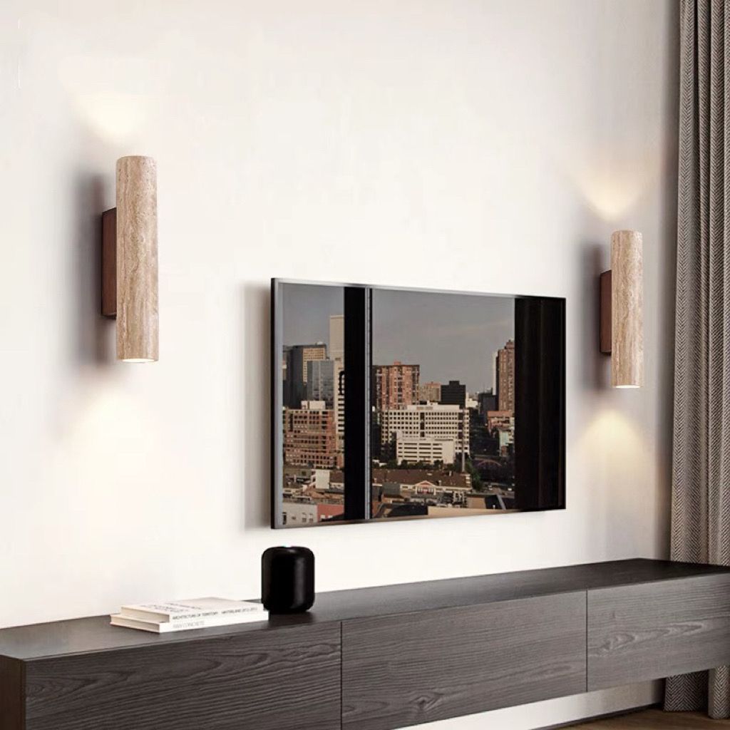 Scandinavian Yellow Travertine & Wood 2-Light Wall Sconce for Living Room
