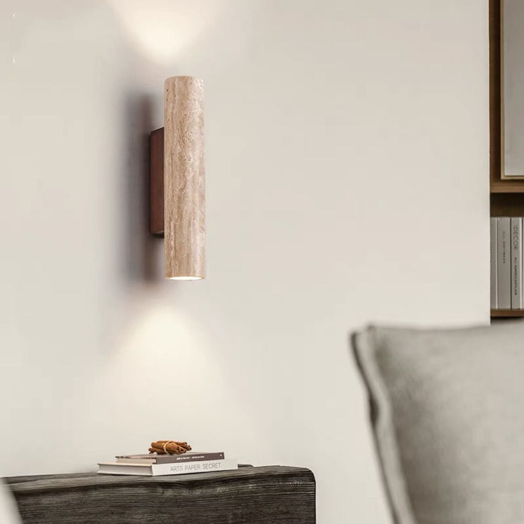 Scandinavian Yellow Travertine & Wood 2-Light Wall Sconce for Living Room
