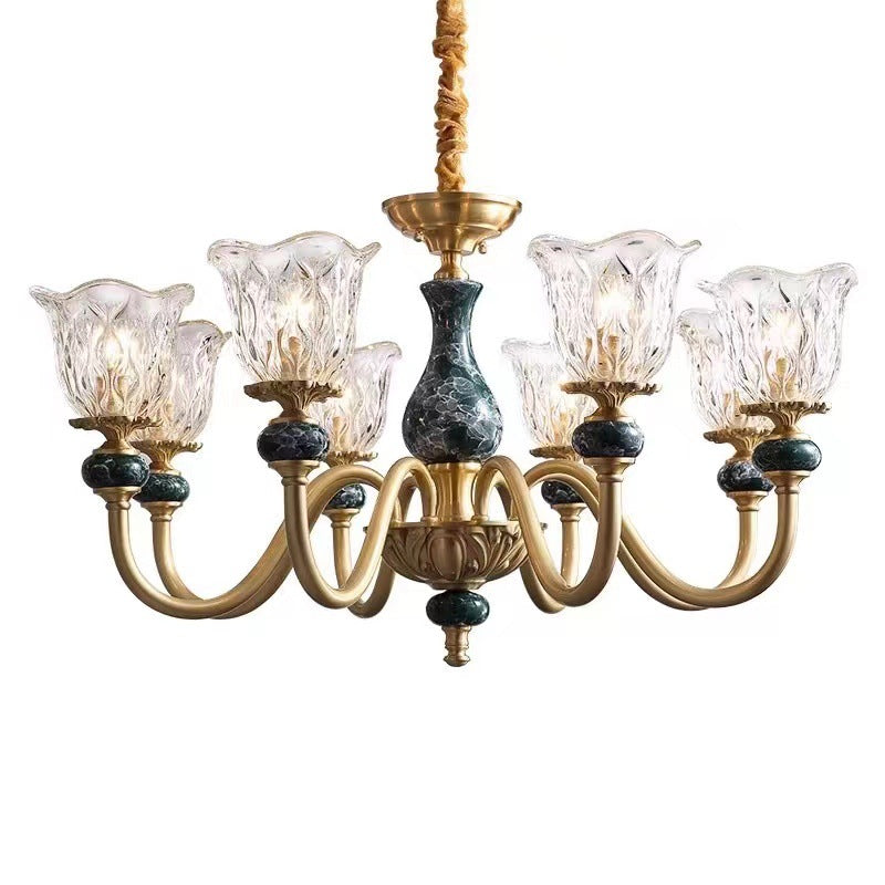 Vintage Floral Brass and Ceramic Round Chandelier for Living Room