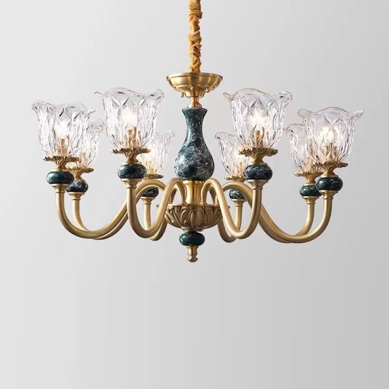 Vintage Floral Brass and Ceramic Round Chandelier for Living Room