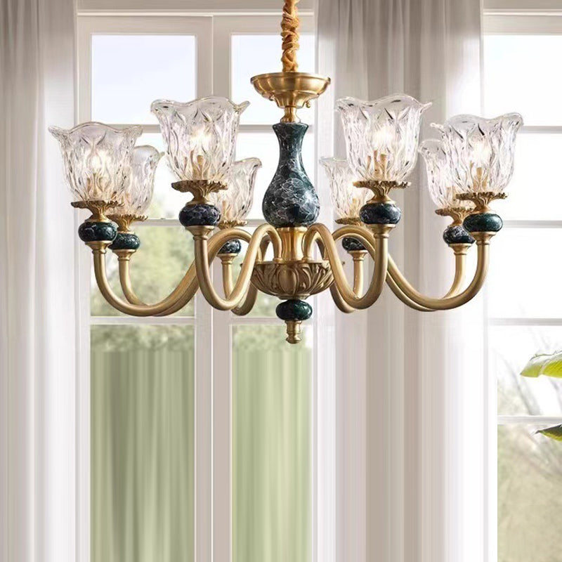 Vintage Floral Brass and Ceramic Round Chandelier for Living Room