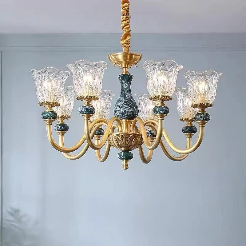 Vintage Floral Brass and Ceramic Round Chandelier for Living Room