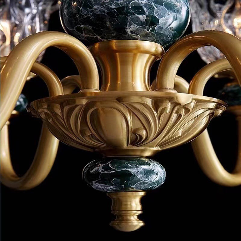 Vintage Floral Brass and Ceramic Round Chandelier for Living Room