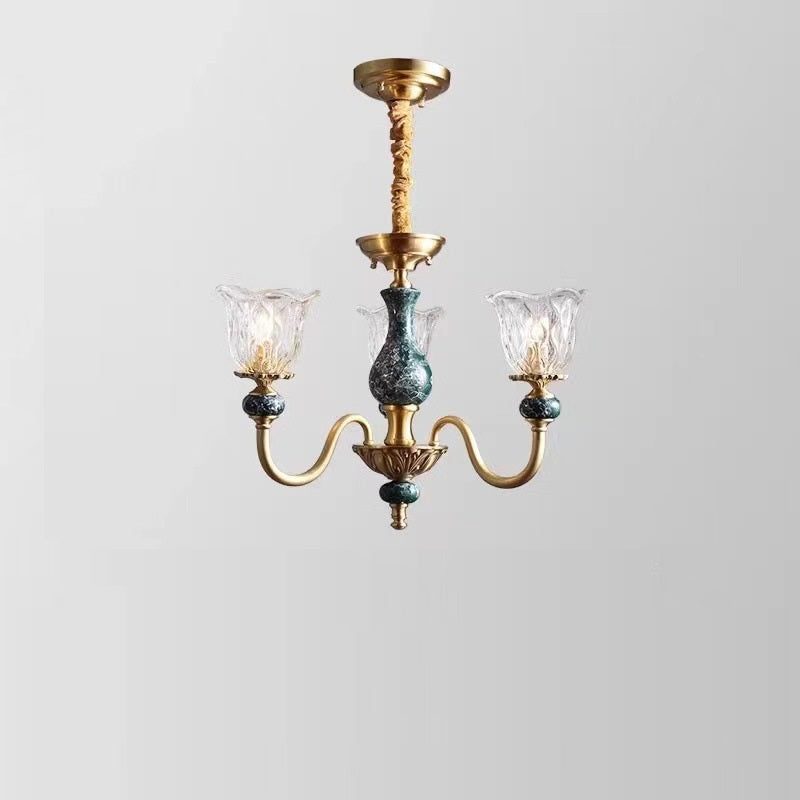 Vintage Floral Brass and Ceramic Round Chandelier for Living Room