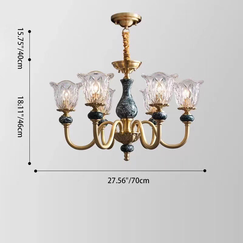 Vintage Floral Brass and Ceramic Round Chandelier for Living Room
