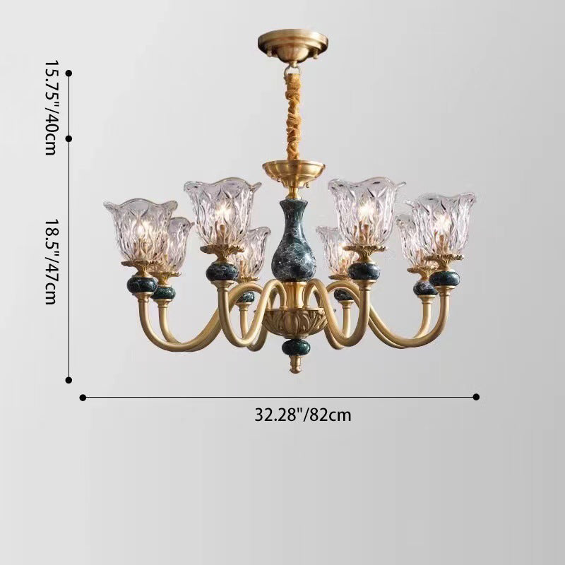 Vintage Floral Brass and Ceramic Round Chandelier for Living Room