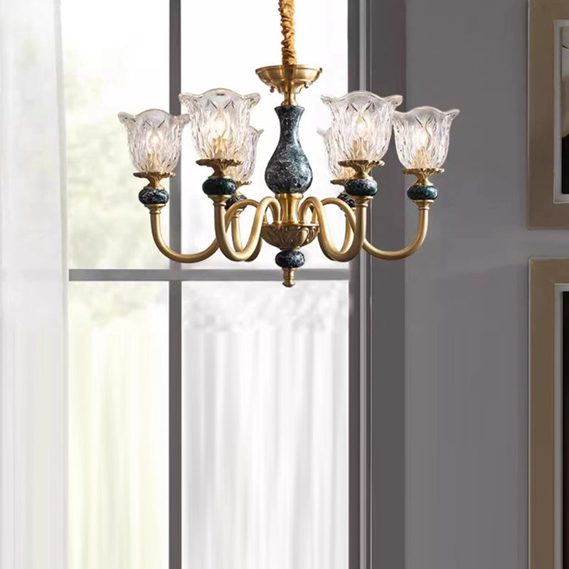 Vintage Floral Brass and Ceramic Round Chandelier for Living Room