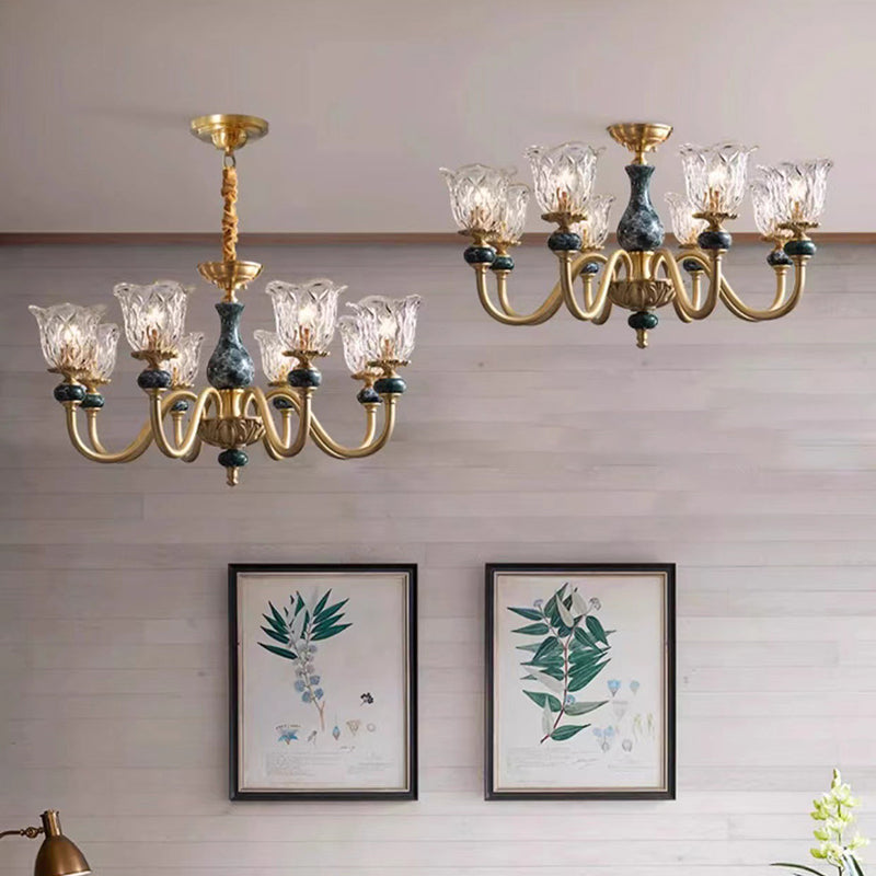 Vintage Floral Brass and Ceramic Round Chandelier for Living Room