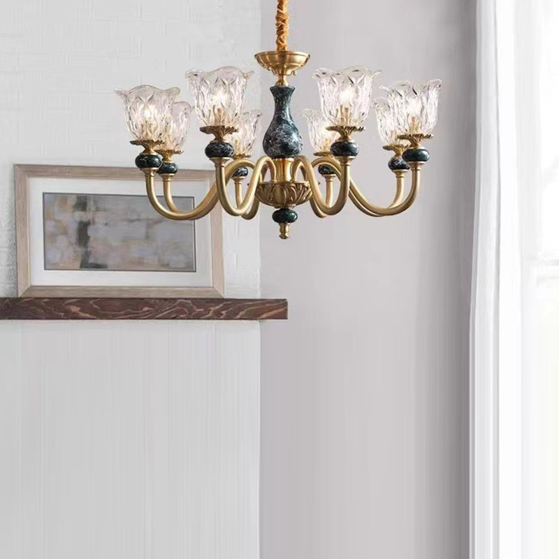 Vintage Floral Brass and Ceramic Round Chandelier for Living Room