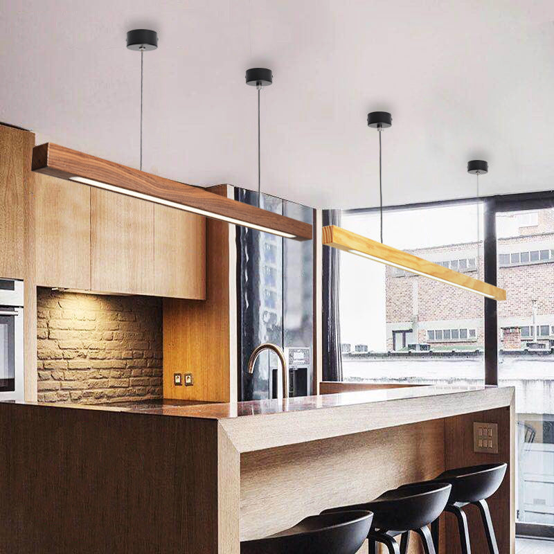 Modern Walnut Wood & Aluminum LED Chandelier for Dining Room Island