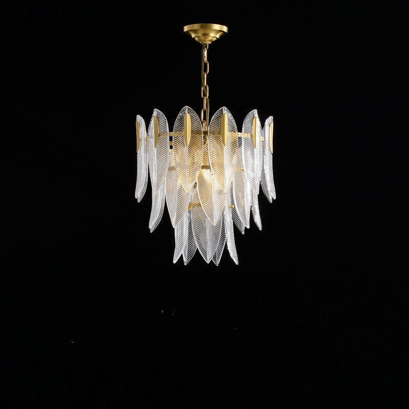 Modern Round Layered Glass & Metal Feather Chandelier for Living Room