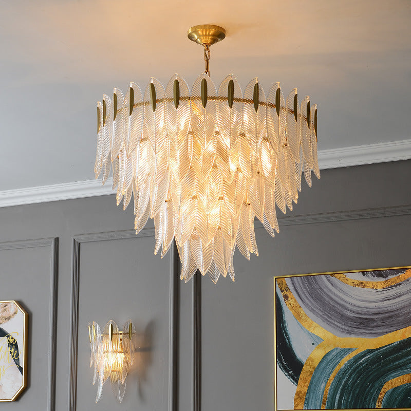 Modern Round Layered Glass & Metal Feather Chandelier for Living Room