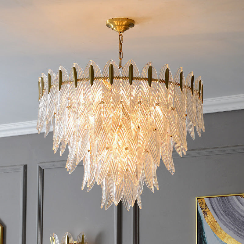 Modern Round Layered Glass & Metal Feather Chandelier for Living Room