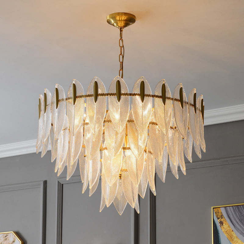 Modern Round Layered Glass & Metal Feather Chandelier for Living Room
