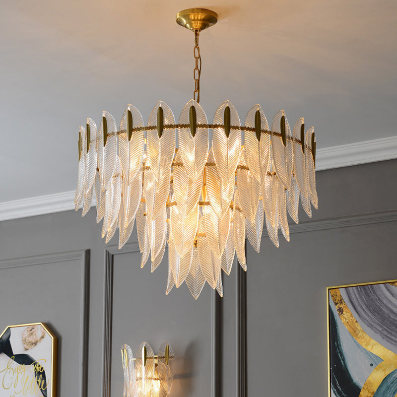 Modern Round Layered Glass & Metal Feather Chandelier for Living Room