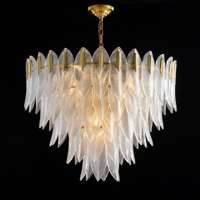 Modern Round Layered Glass & Metal Feather Chandelier for Living Room