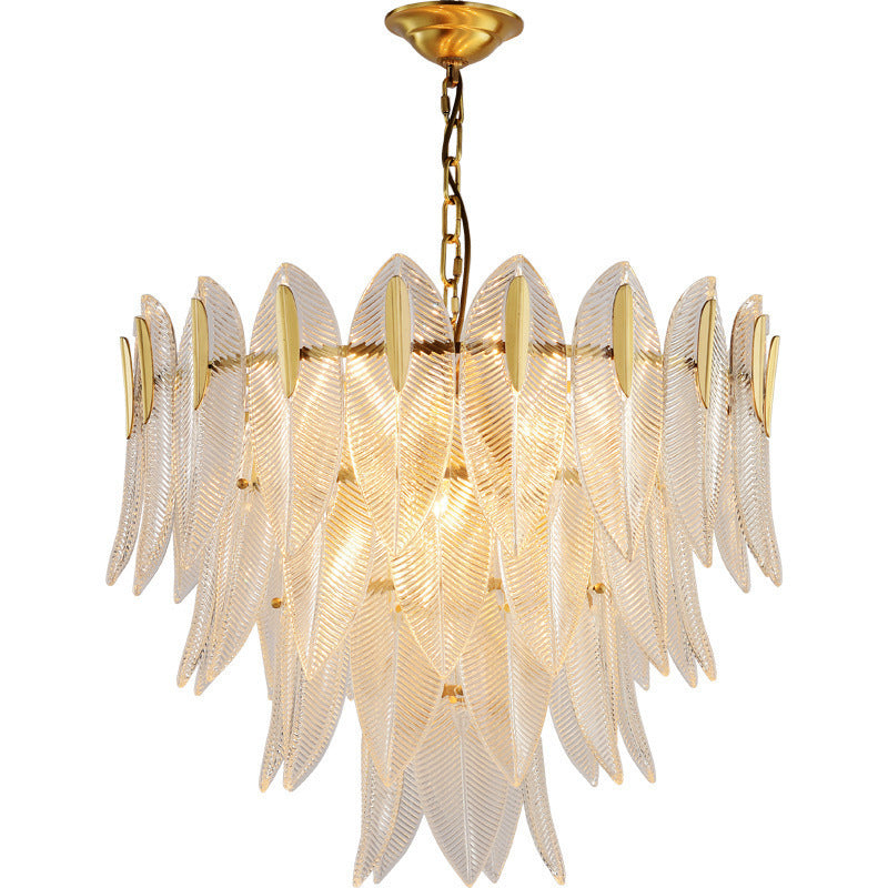 Modern Round Layered Glass & Metal Feather Chandelier for Living Room