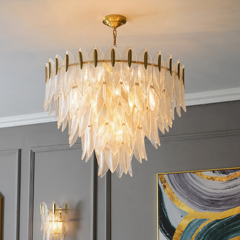 Modern Round Layered Glass & Metal Feather Chandelier for Living Room