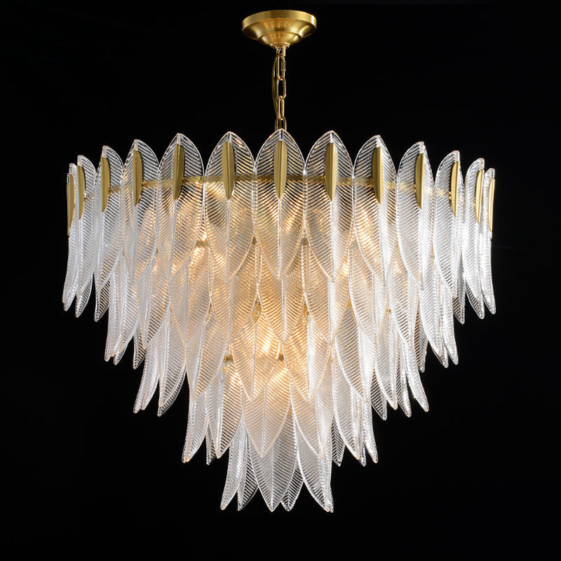 Modern Round Layered Glass & Metal Feather Chandelier for Living Room